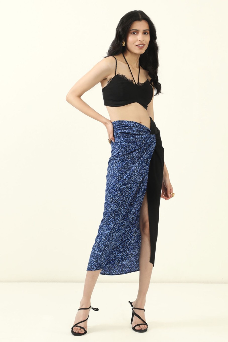 Western-Wear Urban Suburban | Blue & Black Half & Half Midi Skirt With Slit