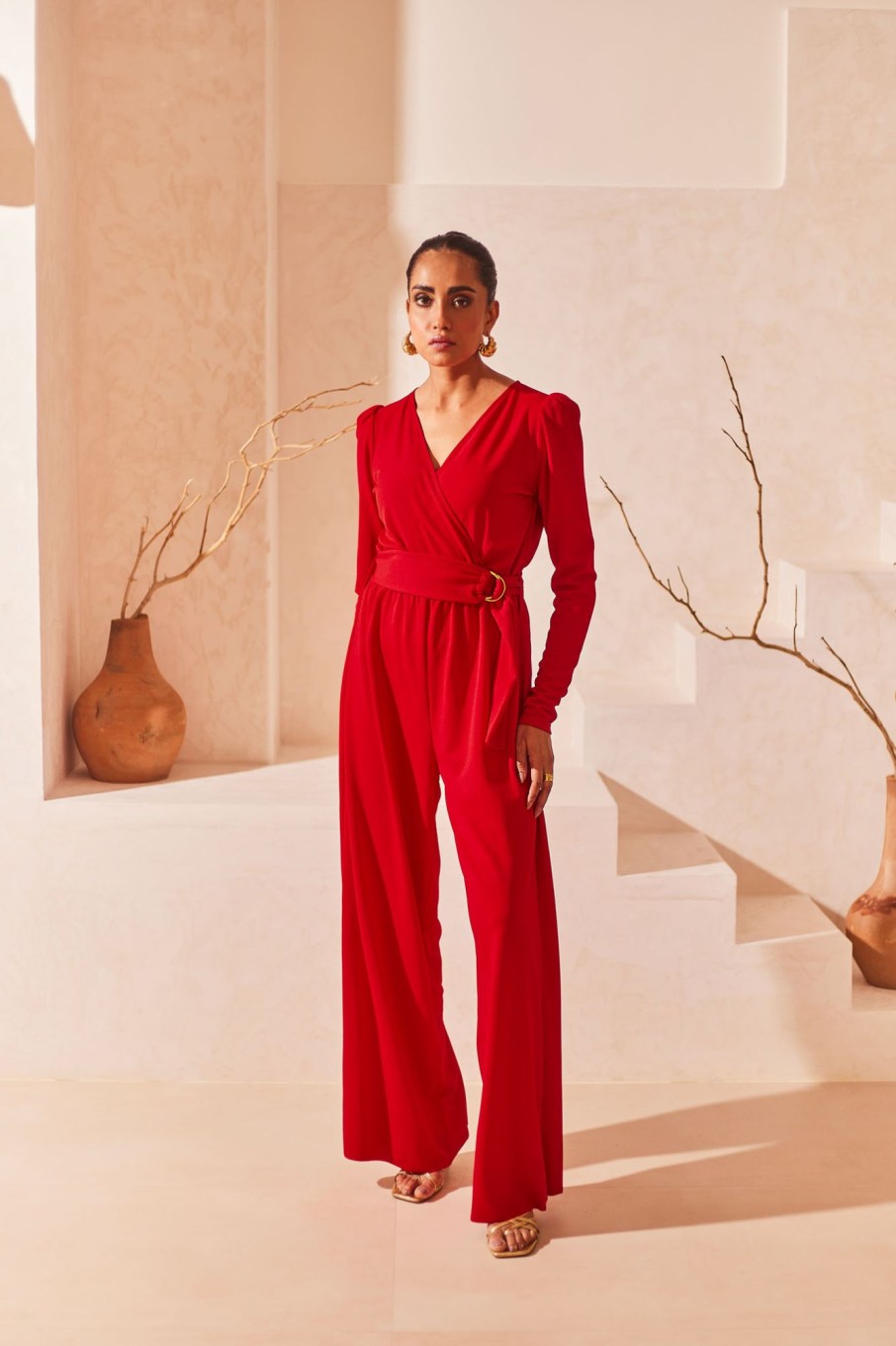 Western-Wear Urban Suburban | Red Full Sleeves Jumpsuit