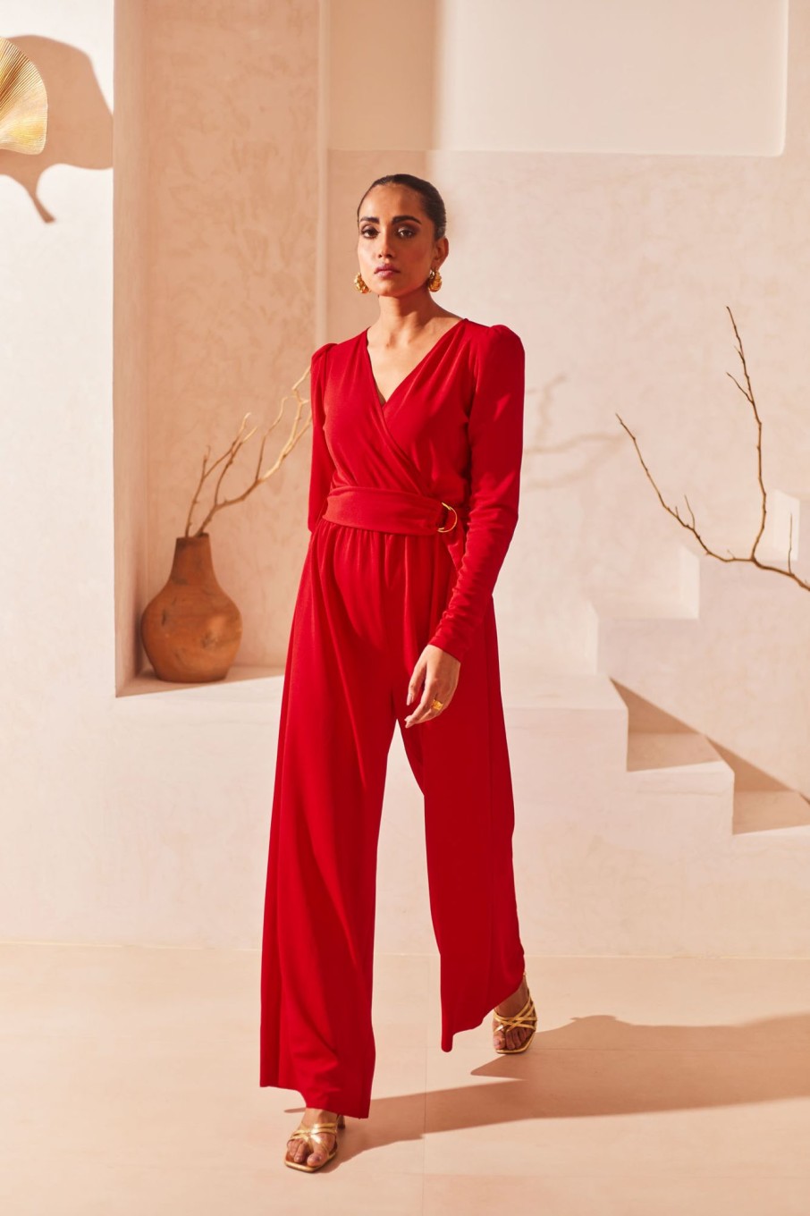 Western-Wear Urban Suburban | Red Full Sleeves Jumpsuit