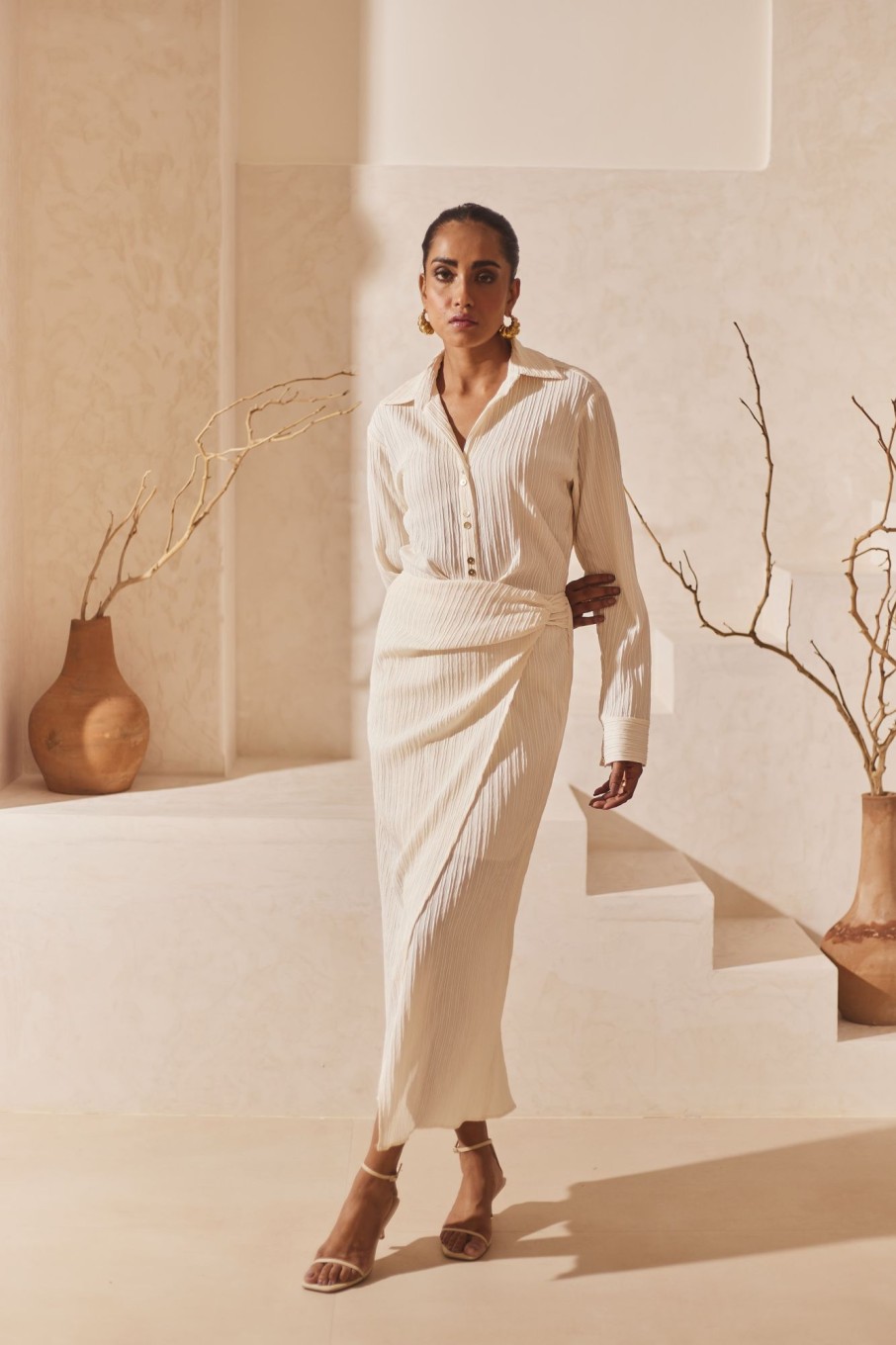 Western-Wear Urban Suburban | White Draped Shirt Dress