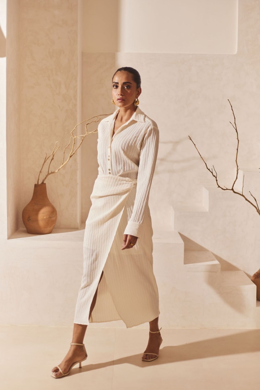 Western-Wear Urban Suburban | White Draped Shirt Dress