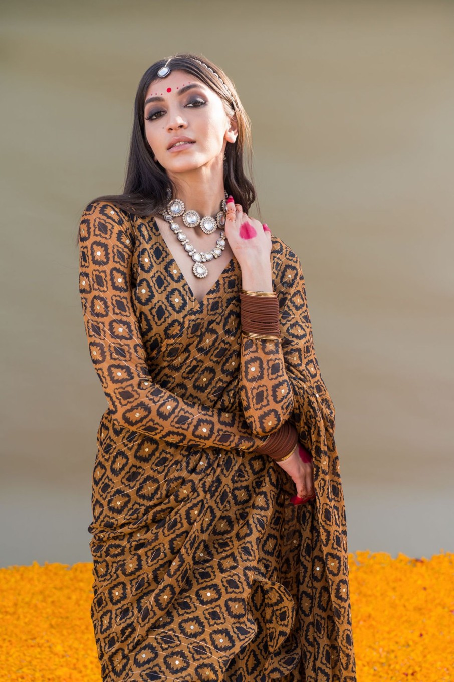 Fashion-Wear Urban Suburban | Brown Ikkat Slit Saree Set