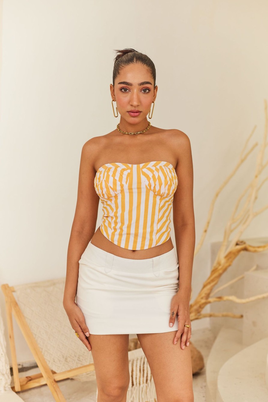 Western-Wear Urban Suburban | Yellow Striped Corset Top & White Skort Set