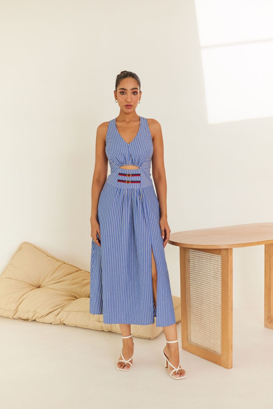 Western-Wear Urban Suburban | Blue Striped Midi Dress