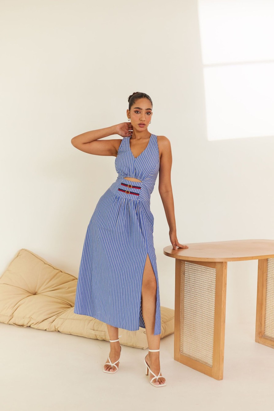 Western-Wear Urban Suburban | Blue Striped Midi Dress