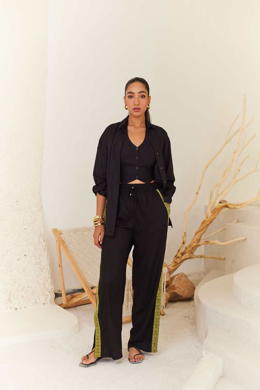 Western-Wear Urban Suburban | Black Linen Oversized Shirt & Pants Set