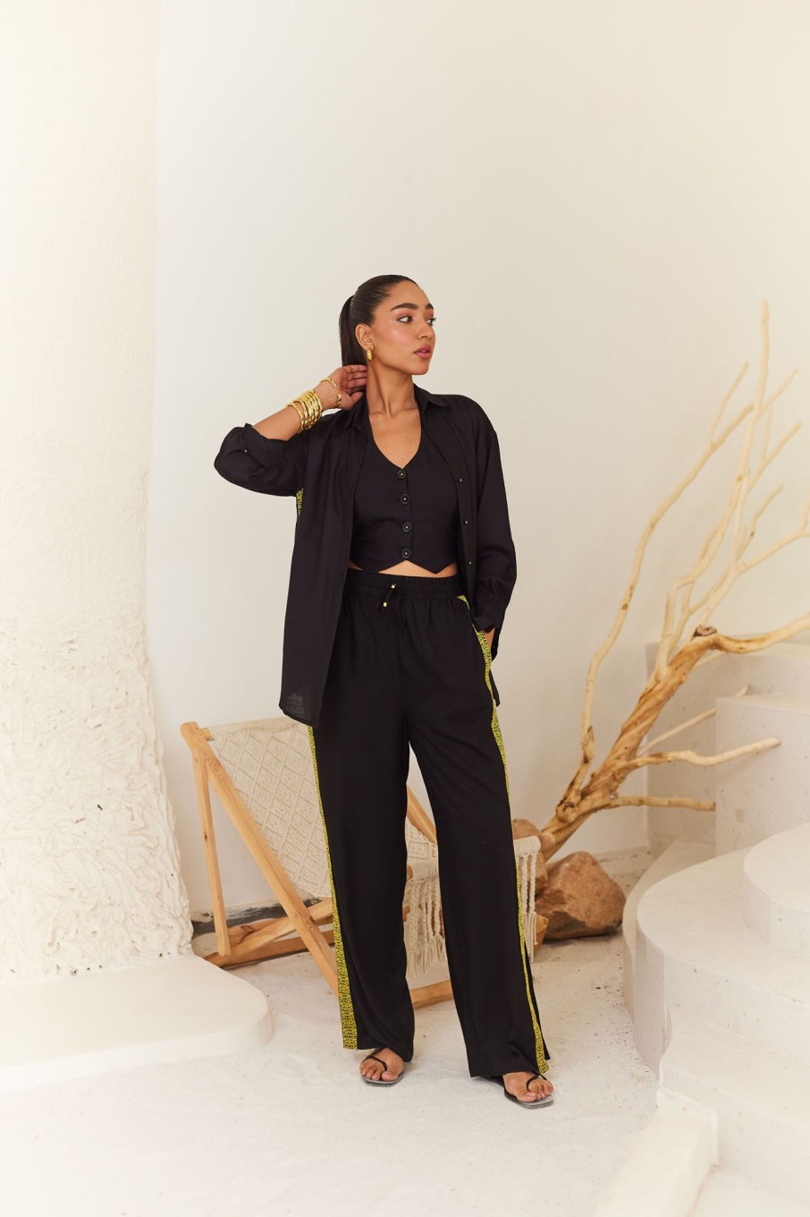 Western-Wear Urban Suburban | Black Linen Oversized Shirt & Pants Set