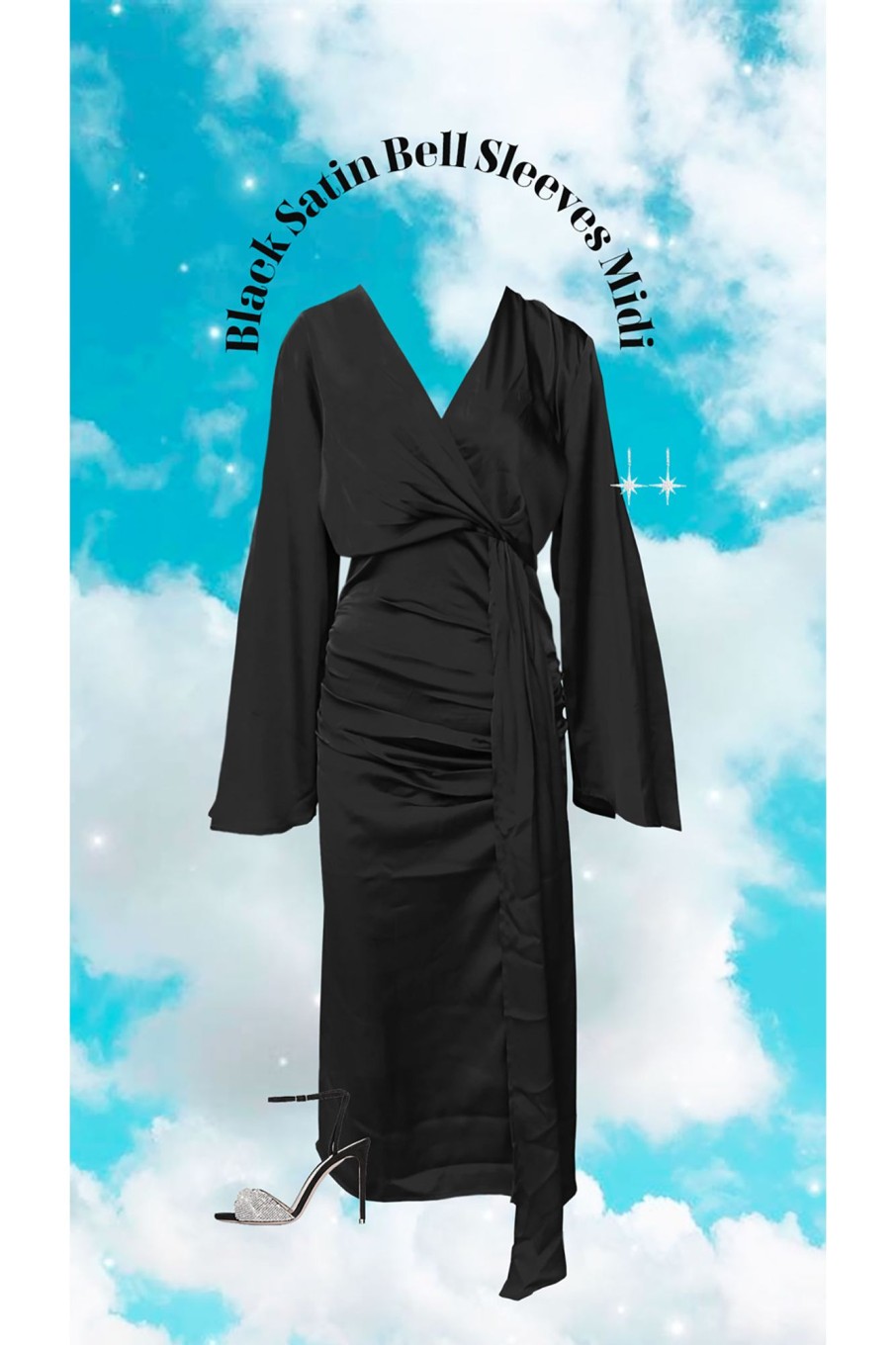 Western-Wear Urban Suburban | Black Satin Midi Dress With Bell Sleeves