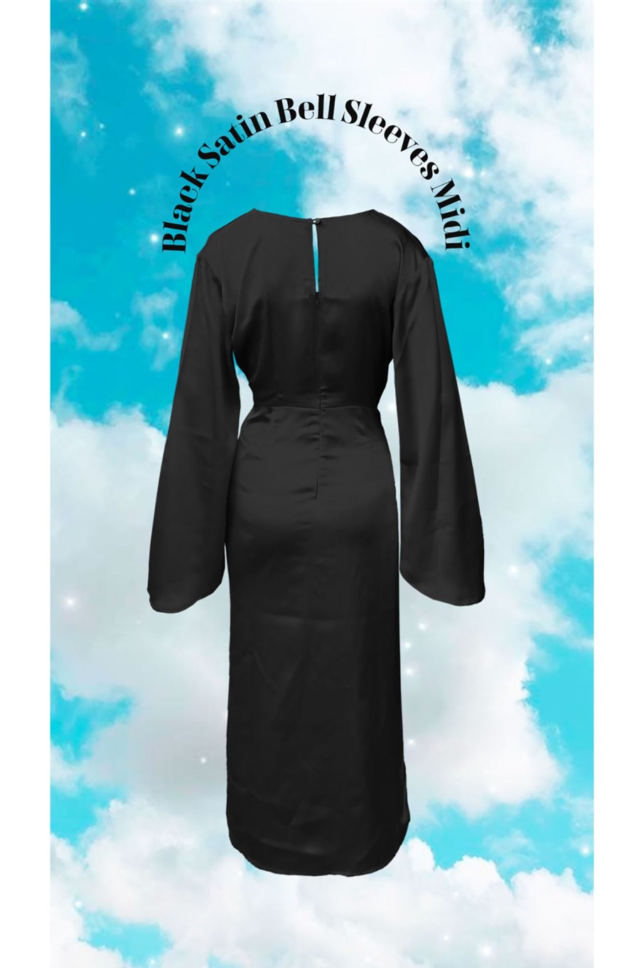 Western-Wear Urban Suburban | Black Satin Midi Dress With Bell Sleeves