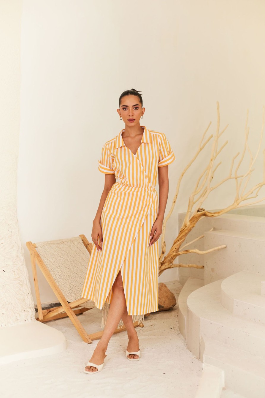 Western-Wear Urban Suburban | Yellow & White Striped Midi Dress