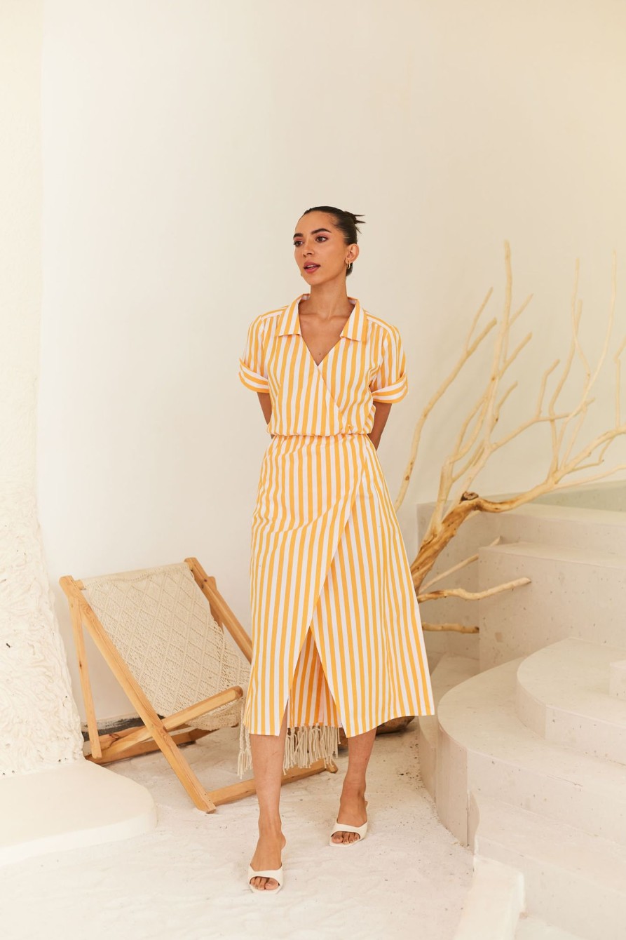 Western-Wear Urban Suburban | Yellow & White Striped Midi Dress