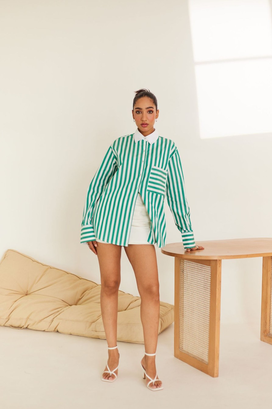 Western-Wear Urban Suburban | Green Striped Oversized Shirt In Poplin