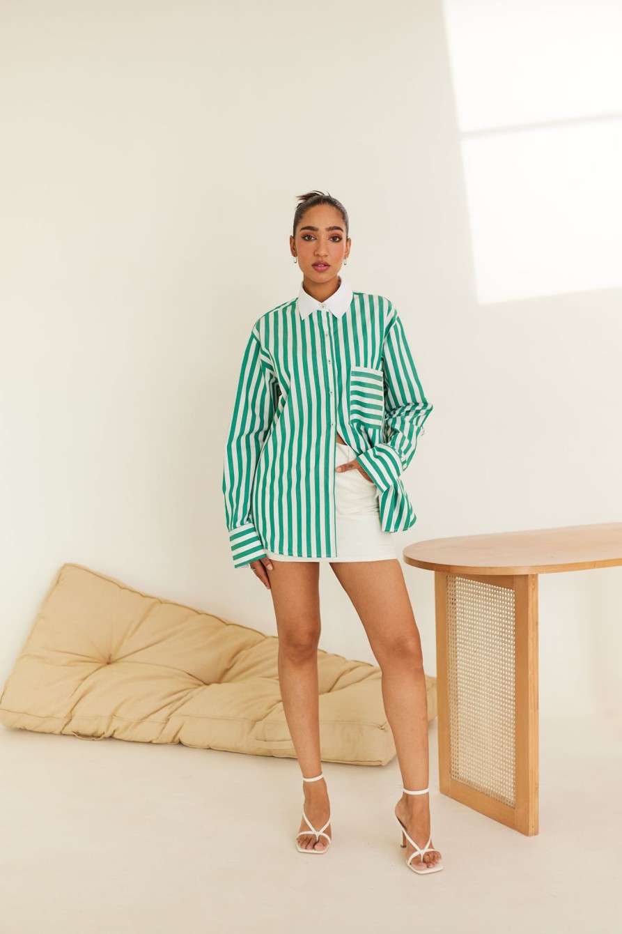 Western-Wear Urban Suburban | Green Striped Oversized Shirt In Poplin