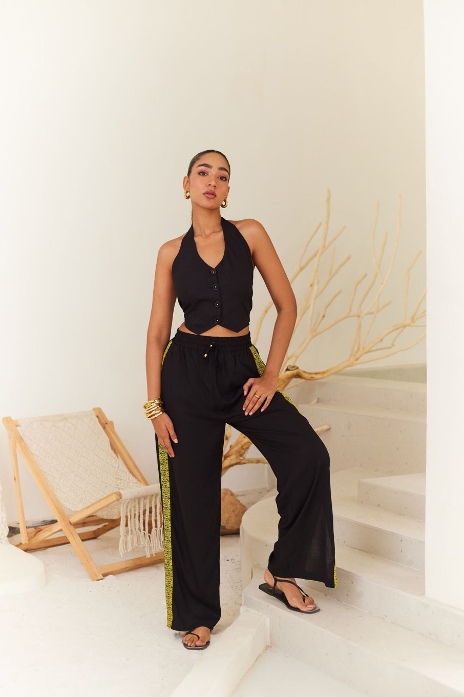 Western-Wear Urban Suburban | Black Linen Pants With Contrast Tape Detail