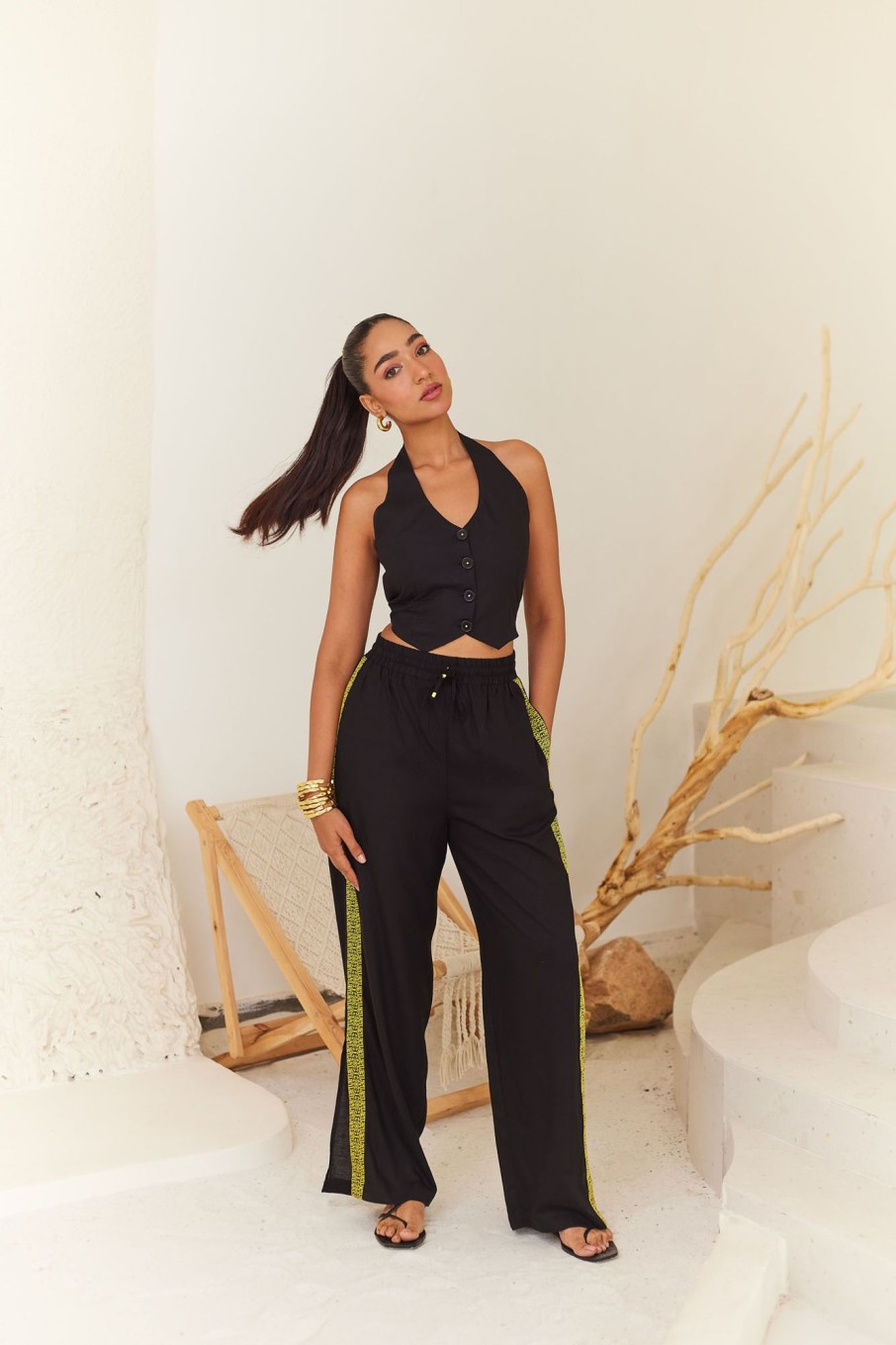 Western-Wear Urban Suburban | Black Linen Pants With Contrast Tape Detail