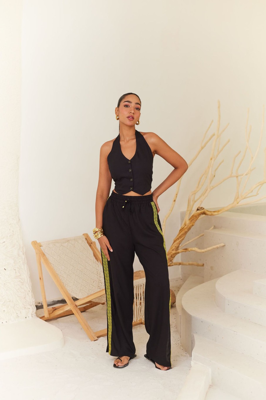 Western-Wear Urban Suburban | Black Linen Vest & Pants Set