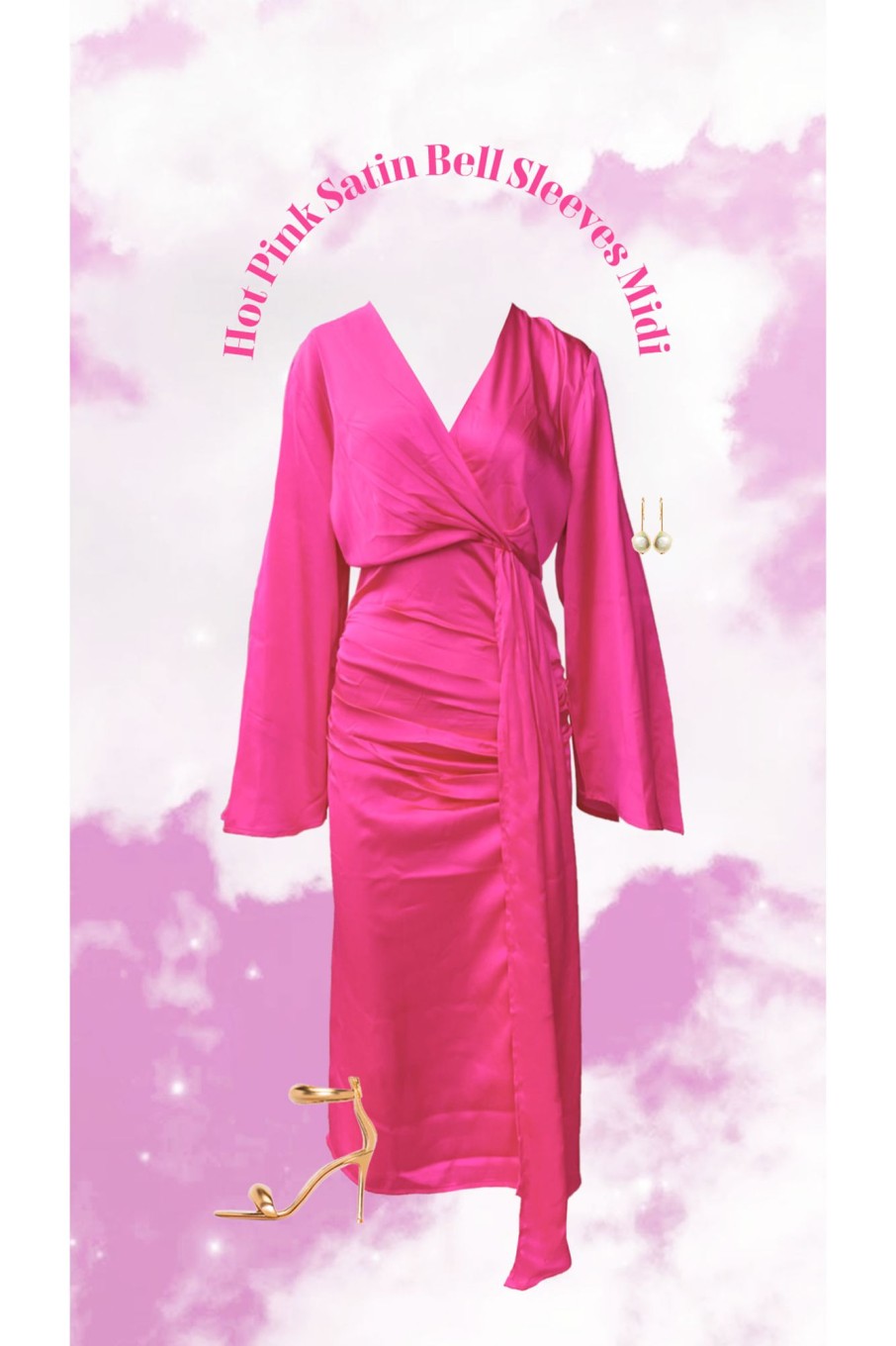 Western-Wear Urban Suburban | Pink Satin Midi Dress With Bell Sleeves