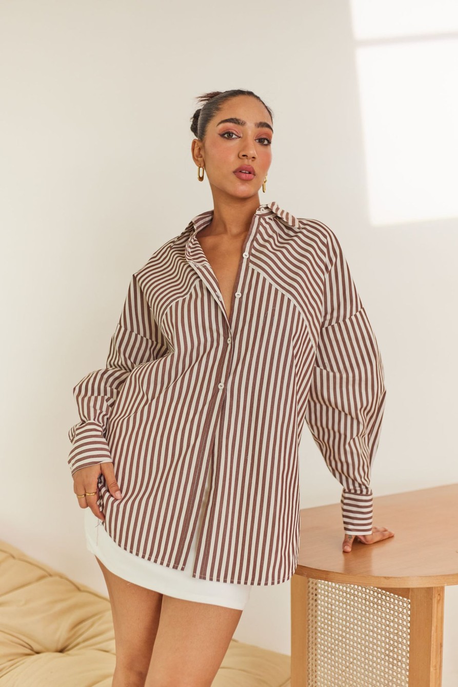 Western-Wear Urban Suburban | Brown Striped Oversized Shirt