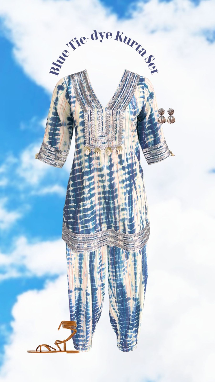 Fashion-Wear Urban Suburban | Blue Cotton Tie & Dye Kurta Set With Silver Gota Detail