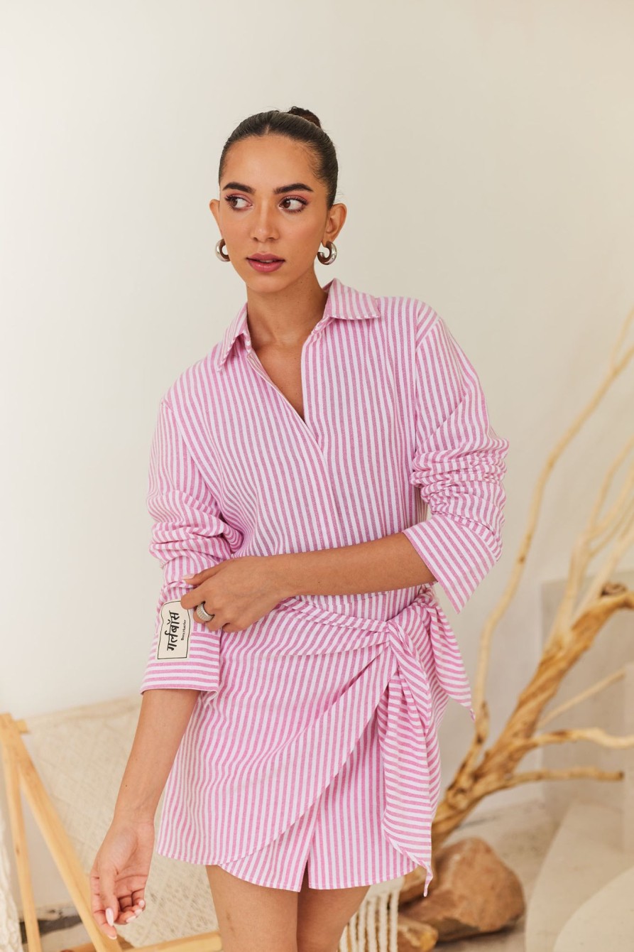 Western-Wear Urban Suburban | Pink Striped Wrap Short Dress