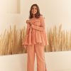 Fashion-Wear Urban Suburban | Peach Double Cloth Tiered Top & Pant Set