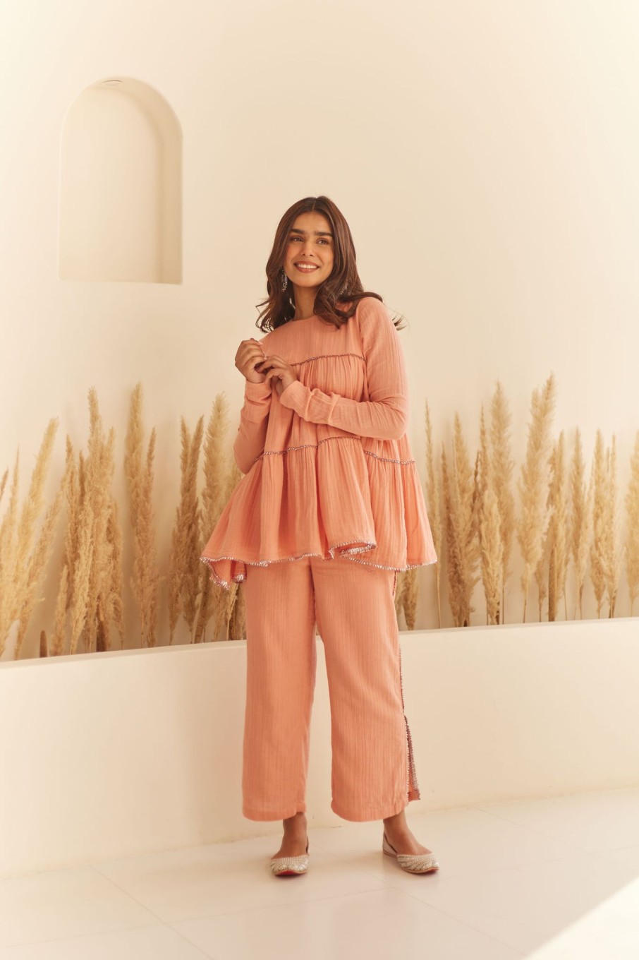 Fashion-Wear Urban Suburban | Peach Double Cloth Tiered Top & Pant Set