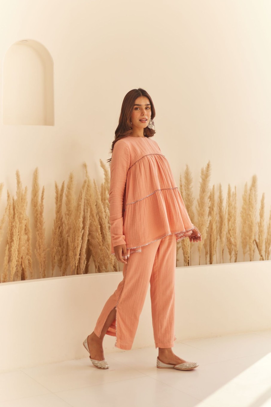 Fashion-Wear Urban Suburban | Peach Double Cloth Tiered Top & Pant Set