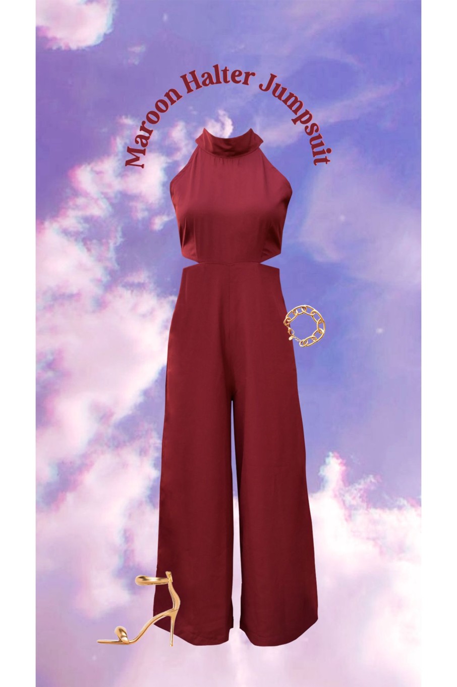 Western-Wear Urban Suburban | Maroon Halter Neck Jumpsuit