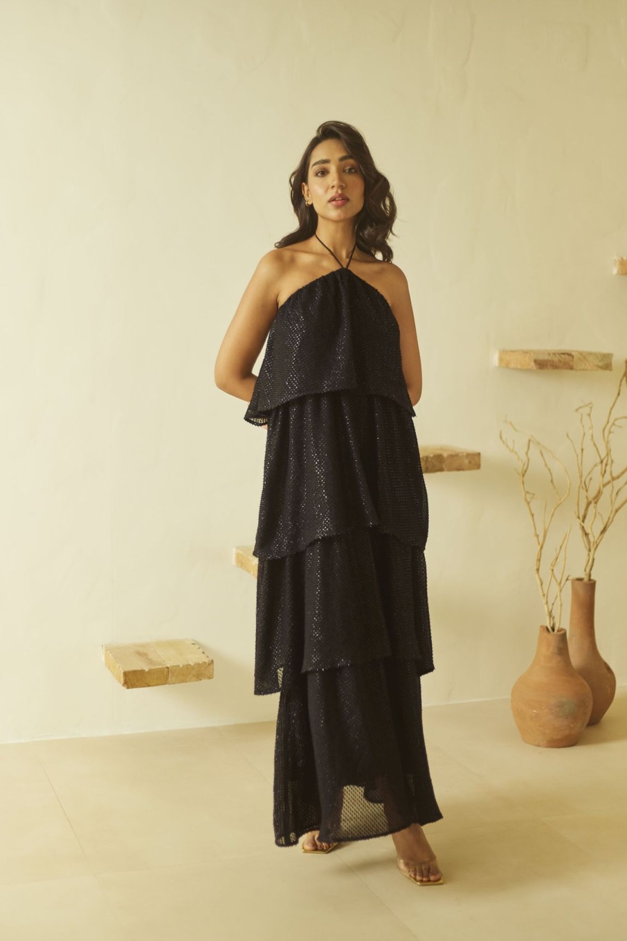 Western-Wear Urban Suburban | Black Shimmer Party Maxi Dress