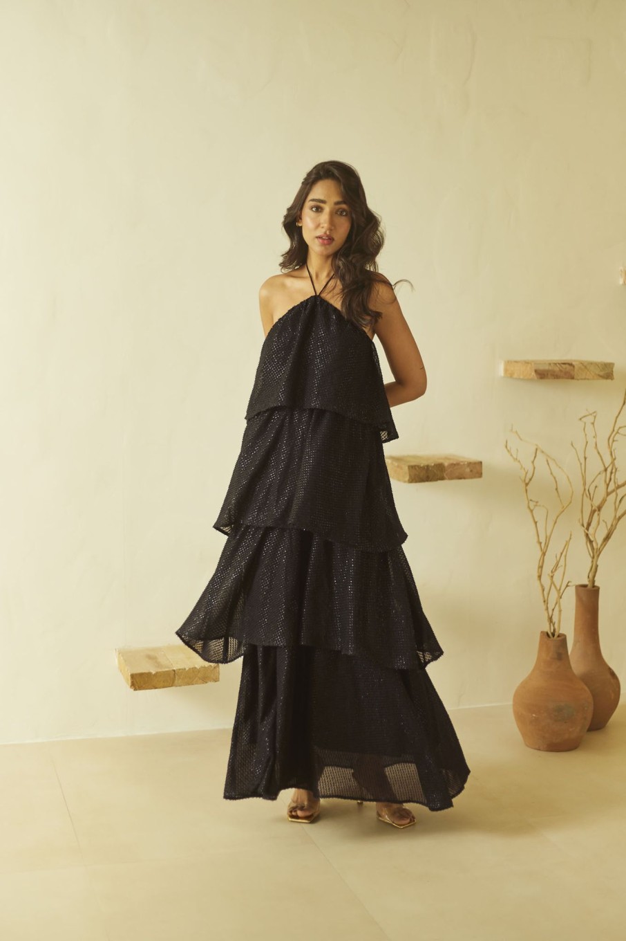 Western-Wear Urban Suburban | Black Shimmer Party Maxi Dress