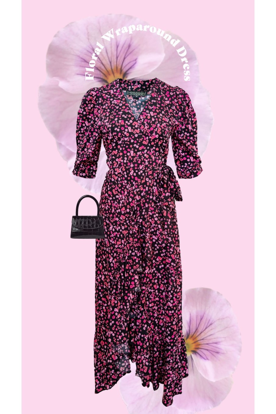 Western-Wear Urban Suburban | Pink And Black Floral Wrap-Around Dress