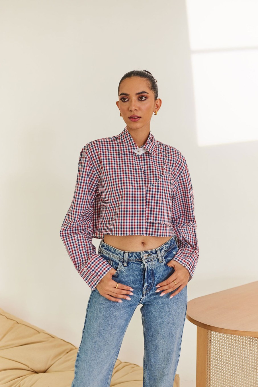 Western-Wear Urban Suburban | Cropped Checkered Shirt With Crop Top Detail