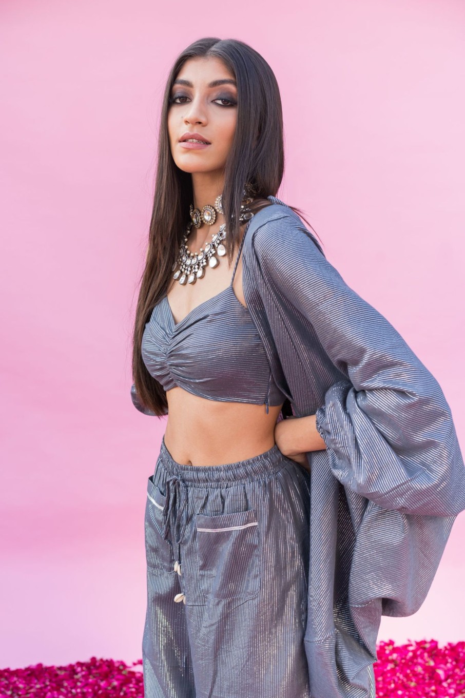 Fashion-Wear Urban Suburban | Grey Lurex Crop Top