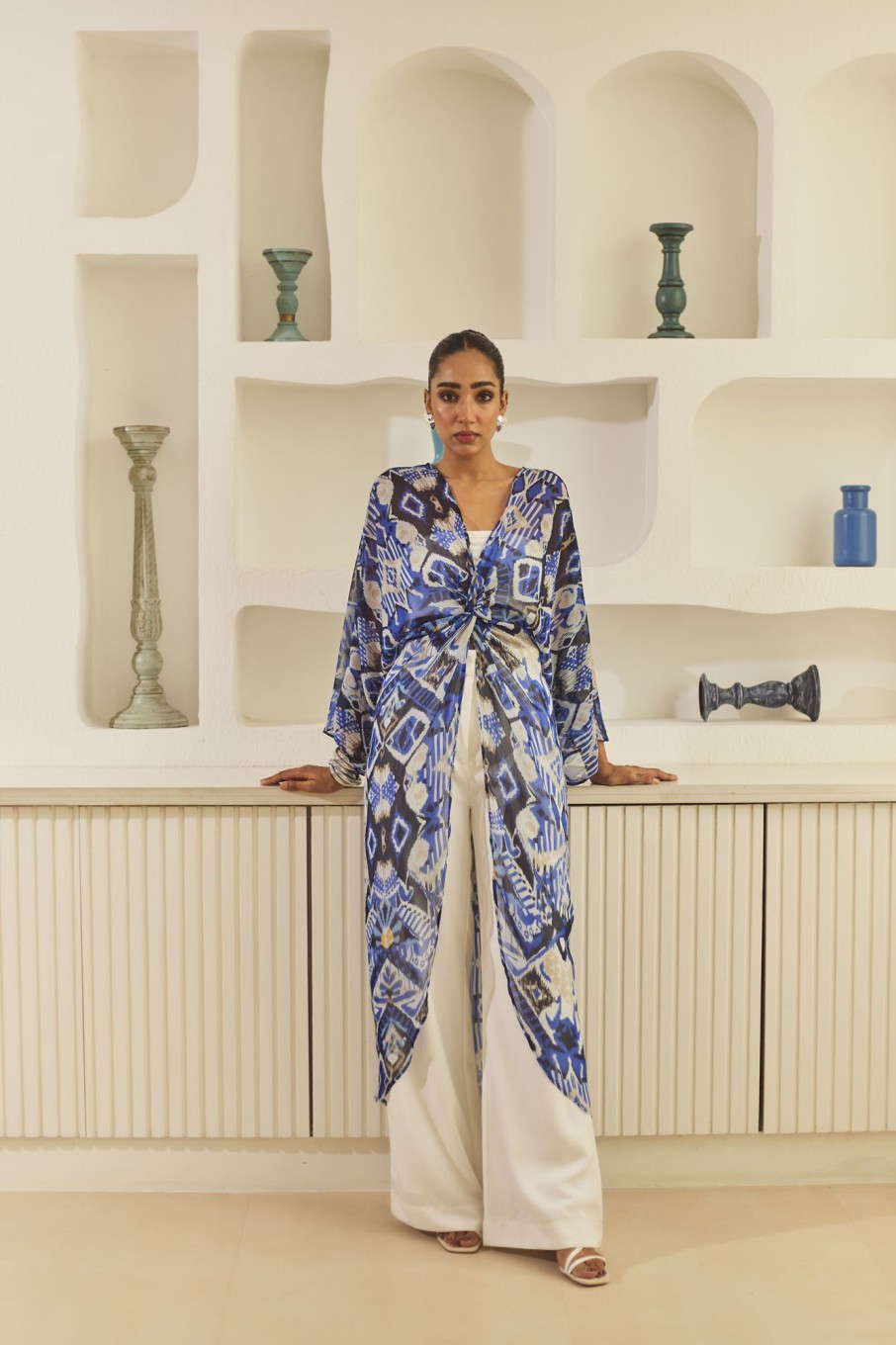 Western-Wear Urban Suburban | Blue Printed Kaftan & Pant Set