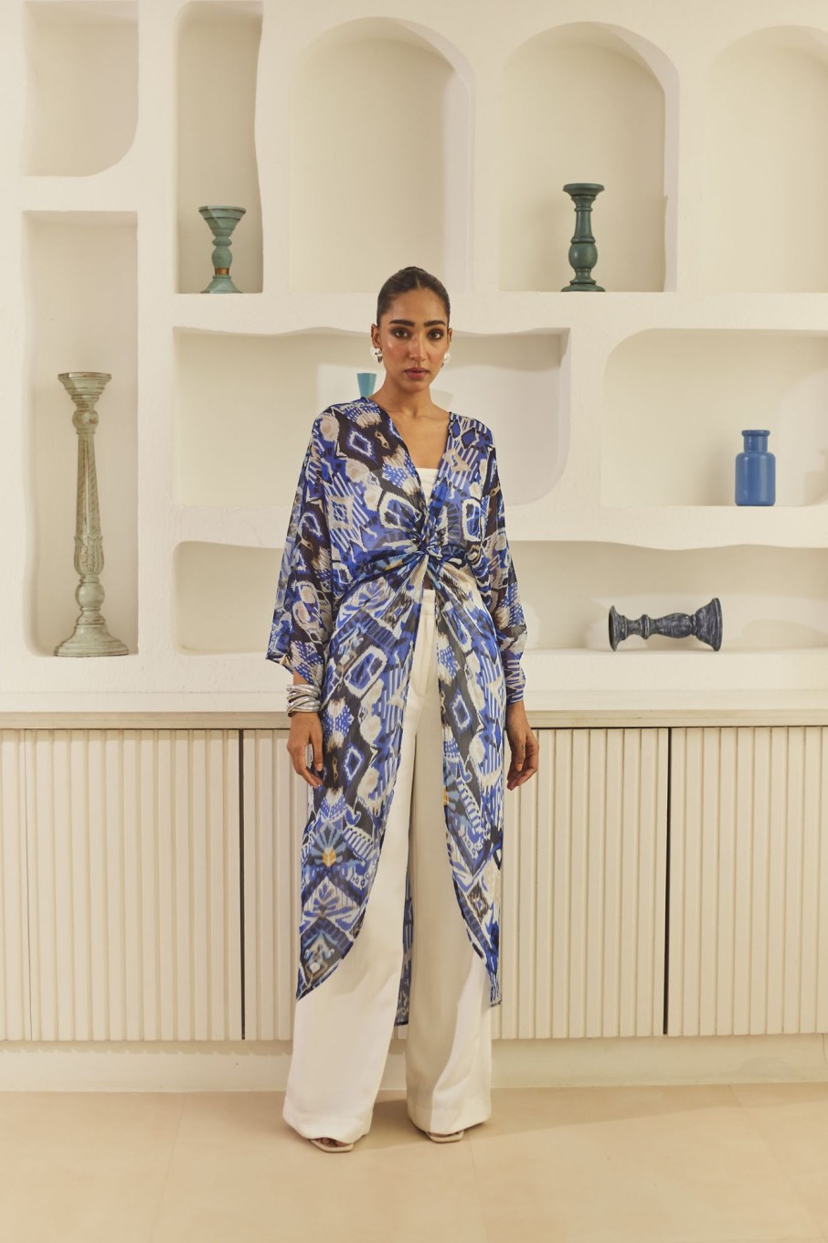 Western-Wear Urban Suburban | Blue Printed Kaftan & Pant Set