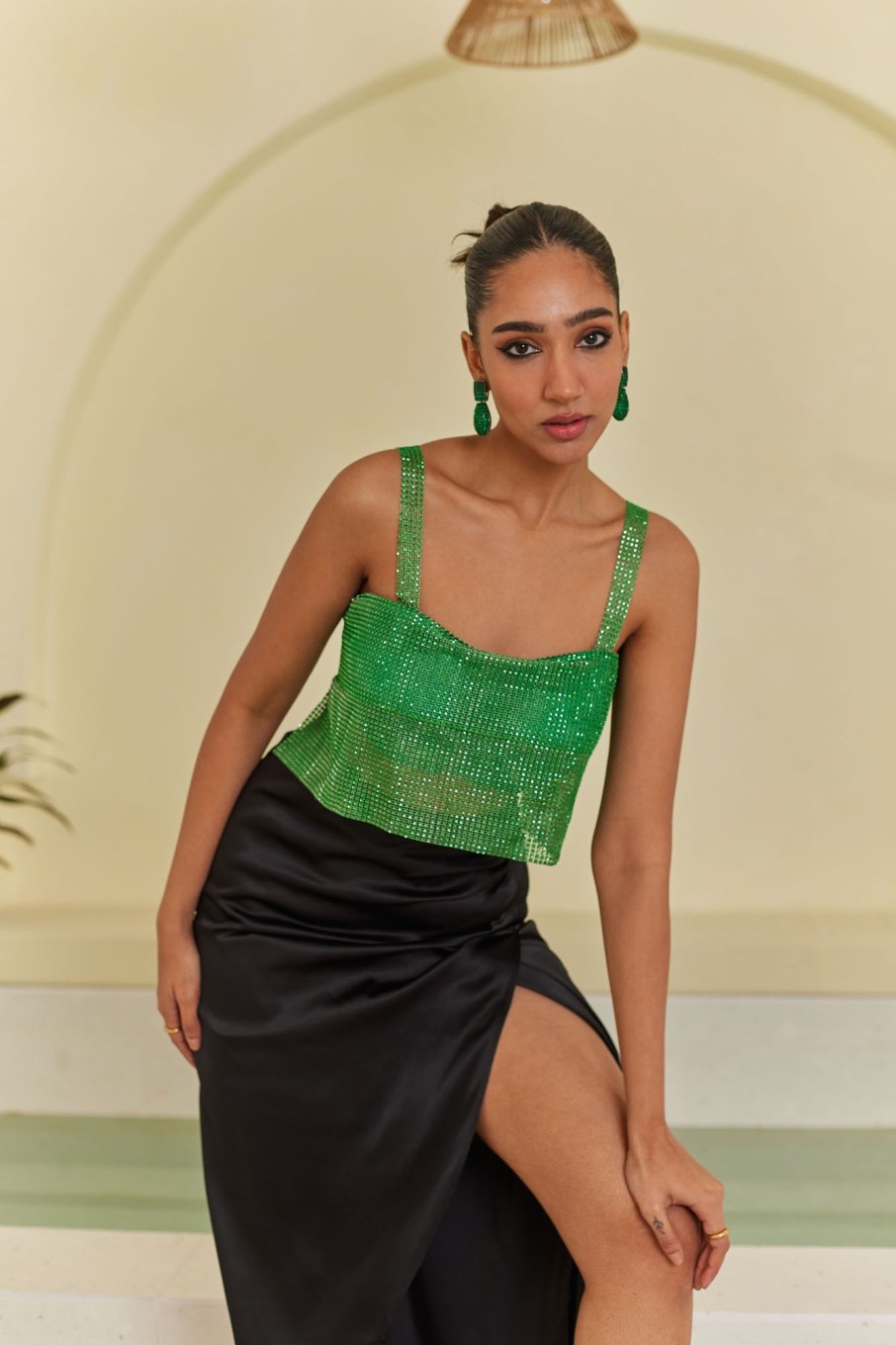 Fashion-Wear Urban Suburban | Green Studded Crop Top