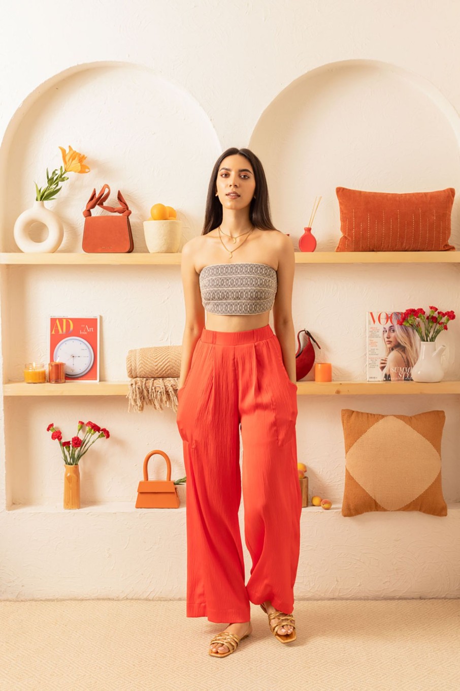 Western-Wear Urban Suburban | B&W Print Tube Top & Red Satin Pants Set