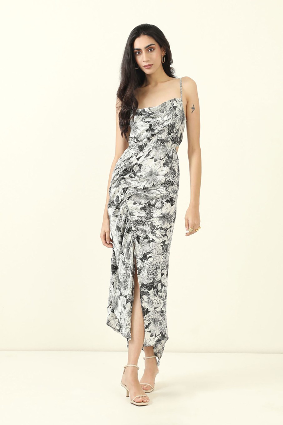 Western-Wear Urban Suburban | B & W Satin Floral Cowl Neck Midi Dress