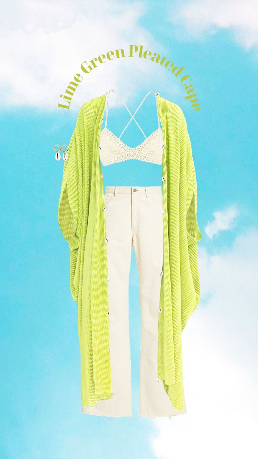 Fashion-Wear Urban Suburban | Lime Green Pleated Cape With Conch Detail