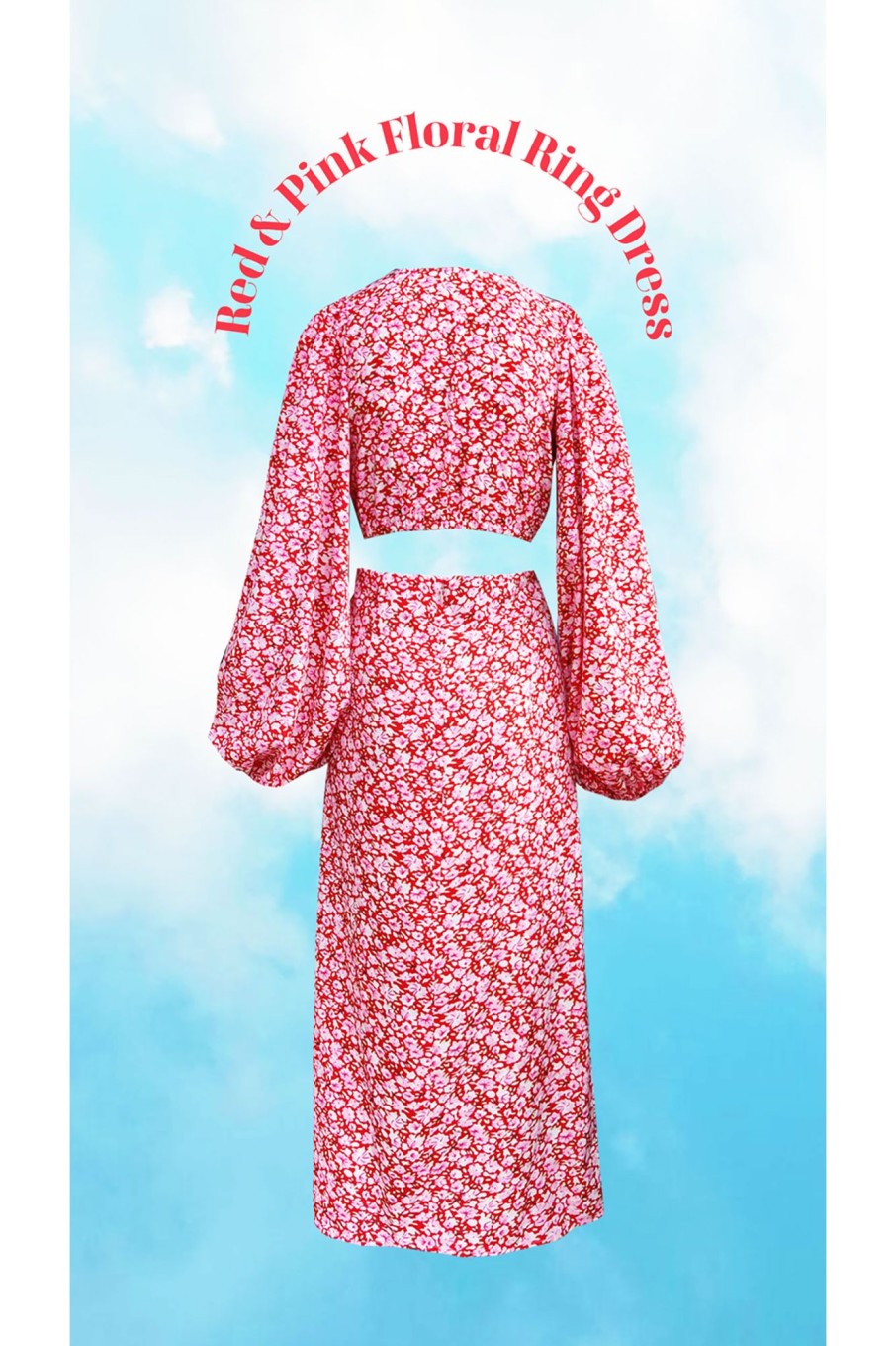 Western-Wear Urban Suburban | Red Floral Full Sleeves Midi Dress With Ring