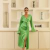 Western-Wear Urban Suburban | Green Draped Satin Midi Dress