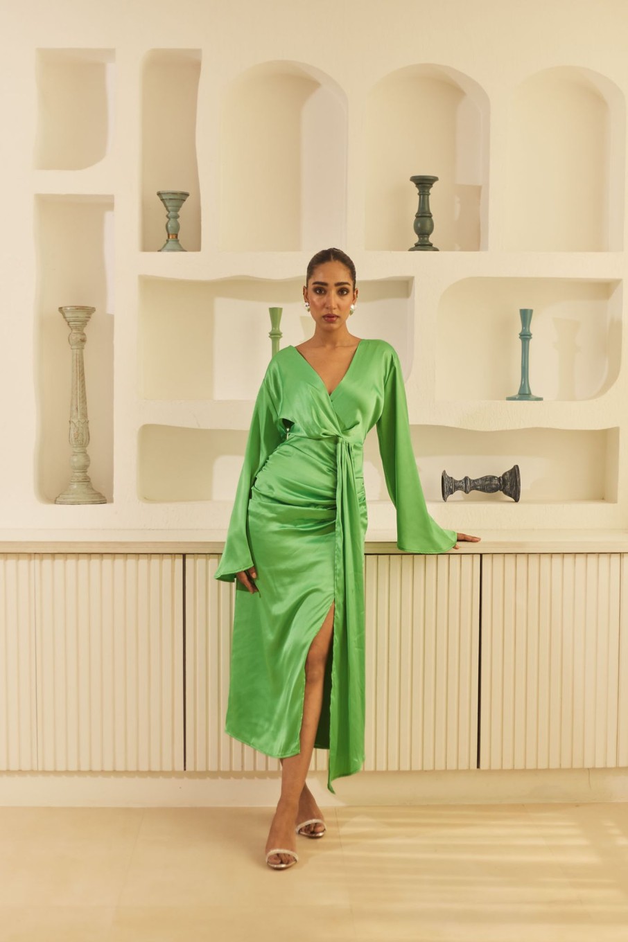 Western-Wear Urban Suburban | Green Draped Satin Midi Dress