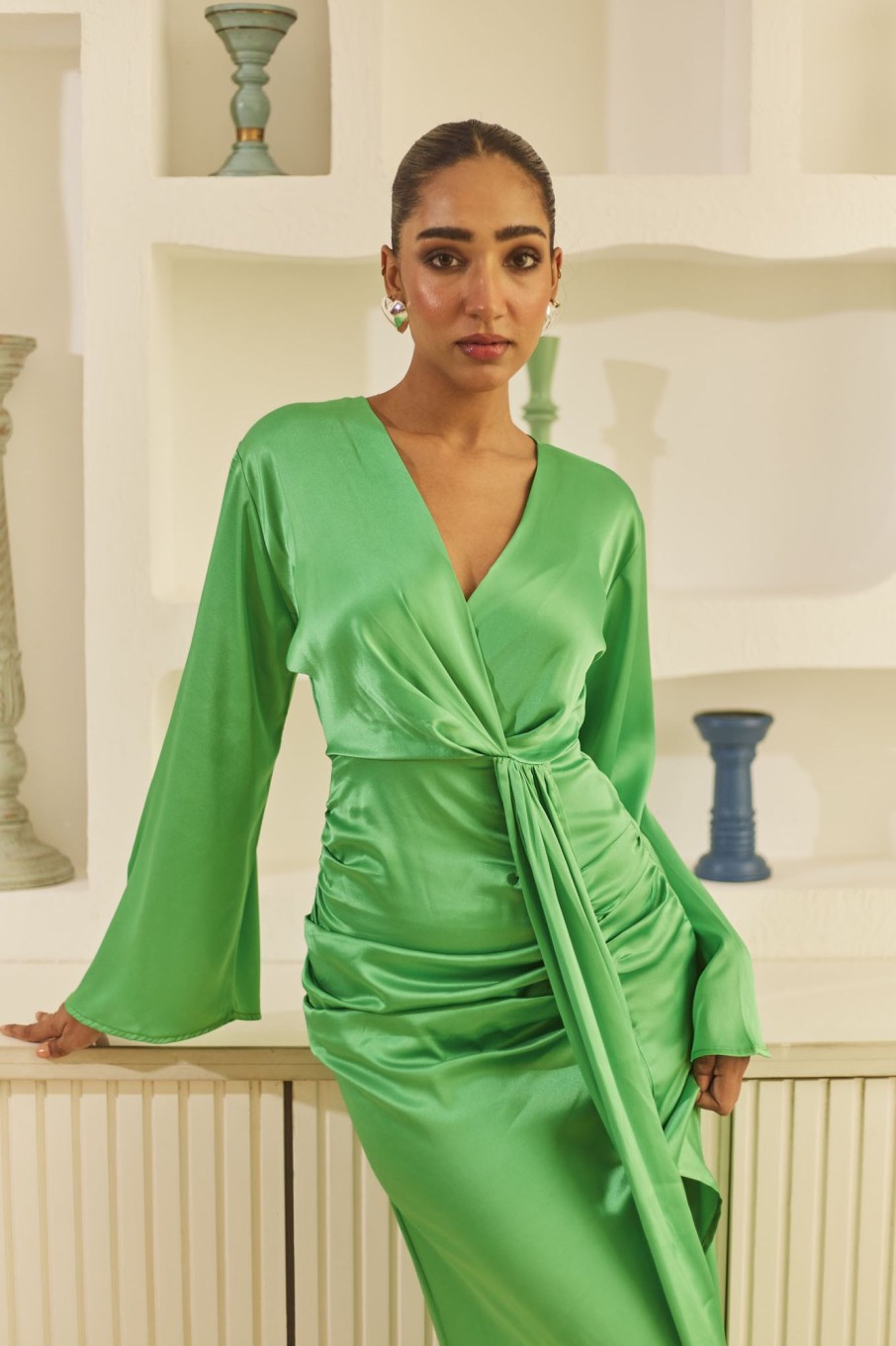 Western-Wear Urban Suburban | Green Draped Satin Midi Dress