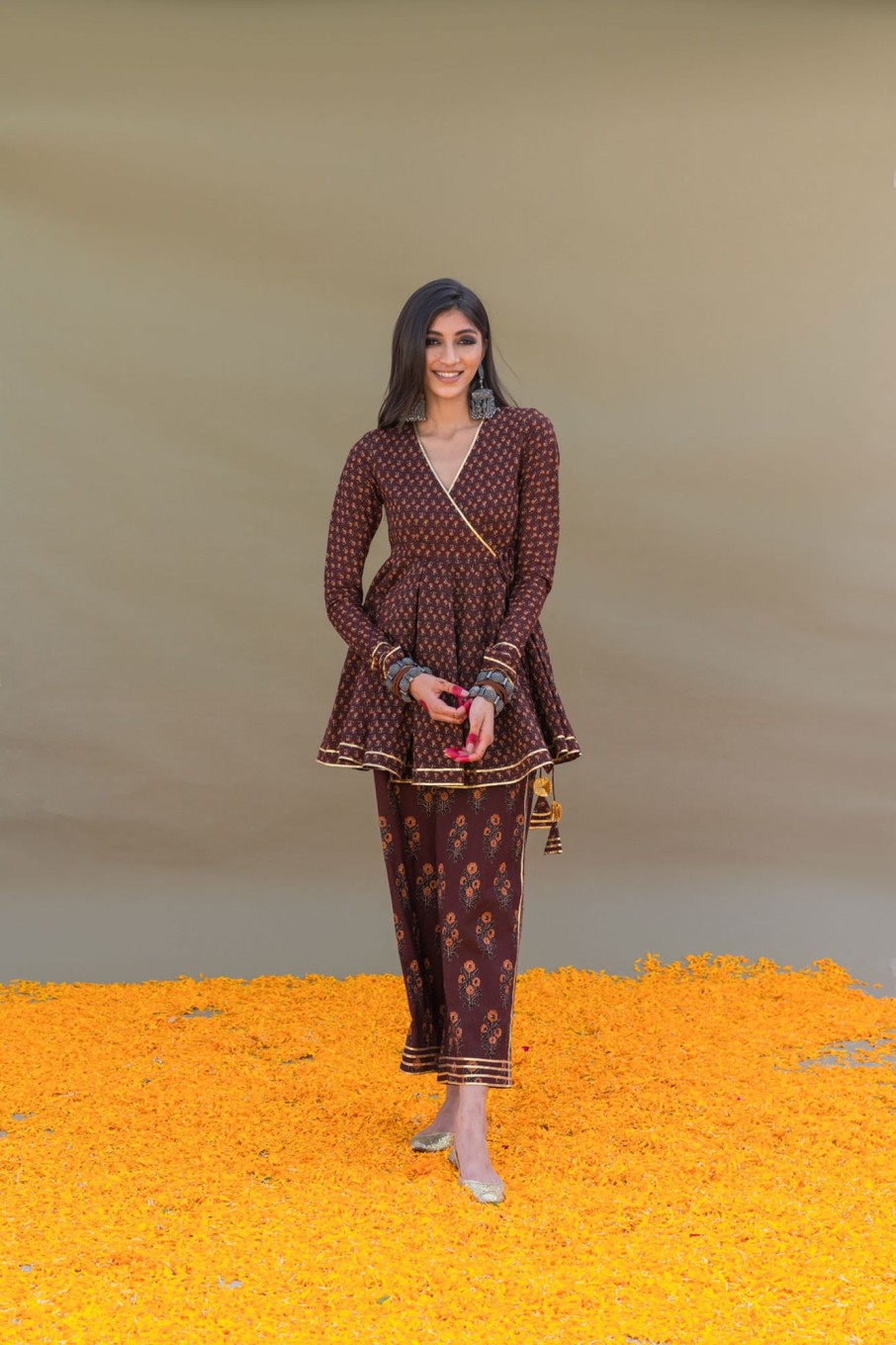 Fashion-Wear Urban Suburban | Brown Cotton Printed Angarkha Top