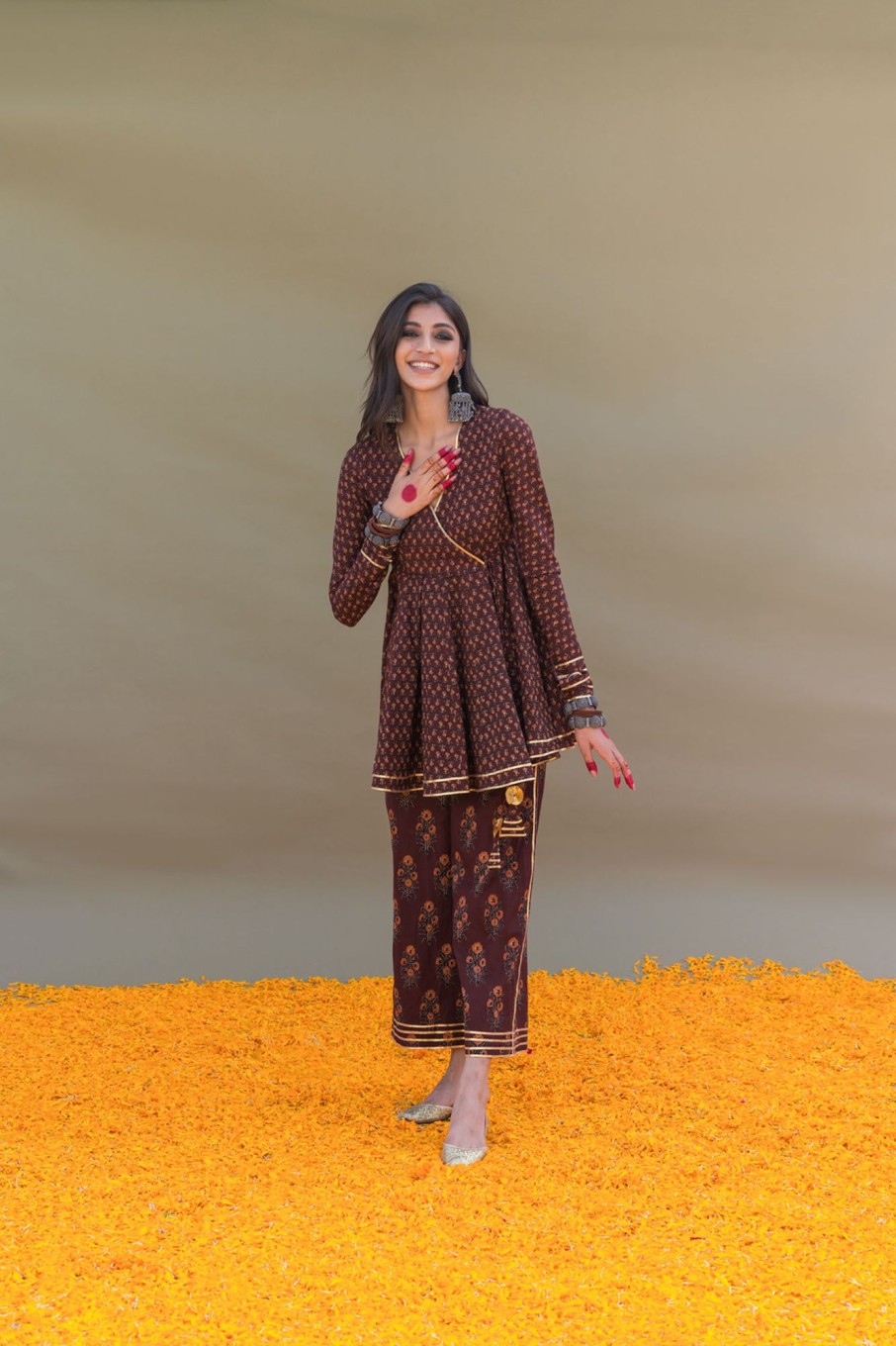 Fashion-Wear Urban Suburban | Brown Cotton Printed Angarkha Top