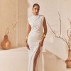 Western-Wear Urban Suburban | White Textured Maxi Dress With A Slit