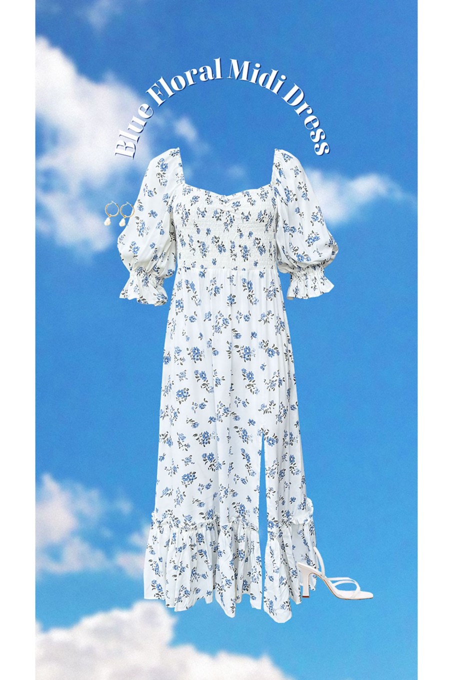 Western-Wear Urban Suburban | White & Blue Ditsy Floral Midi Dress