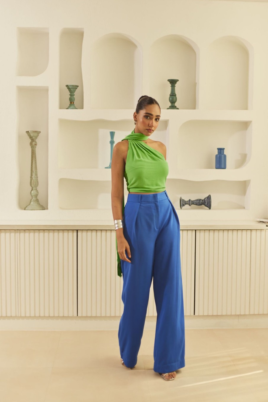 Western-Wear Urban Suburban | Green And Blue Colourblock Pant Set