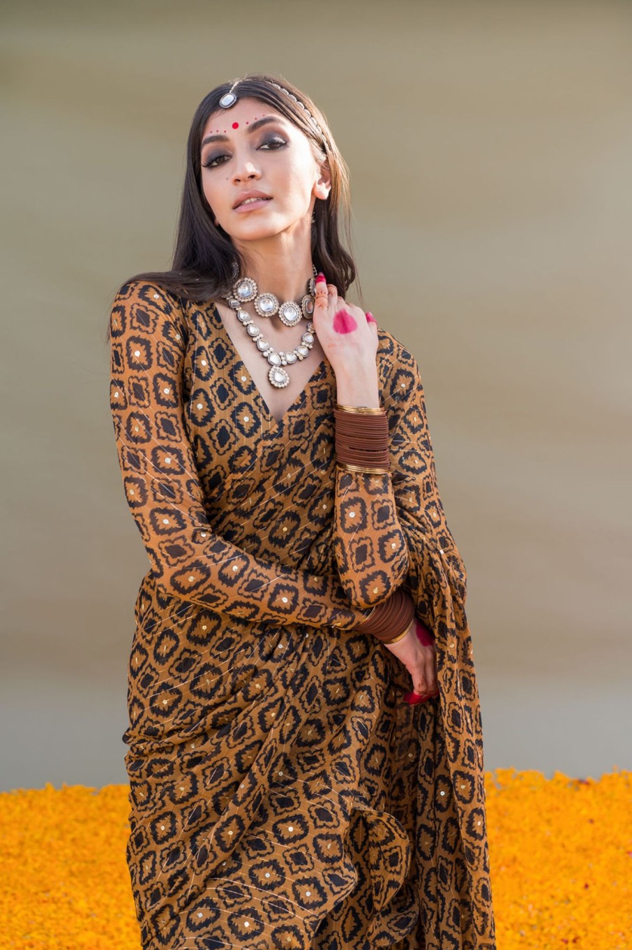 Fashion-Wear Urban Suburban | Brown Ikkat Saree With Slit