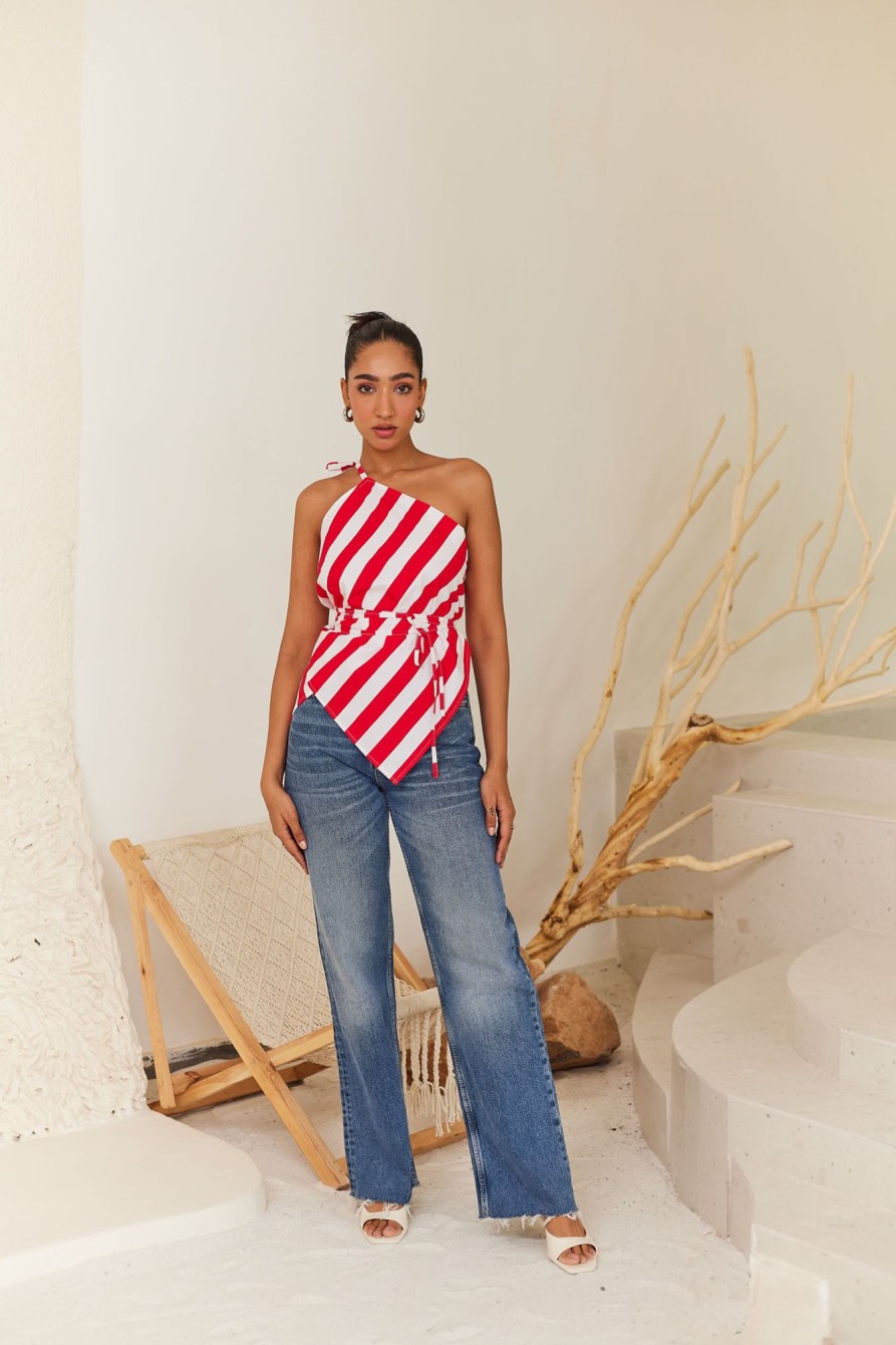 Western-Wear Urban Suburban | Red & White Striped Asymmetric Top